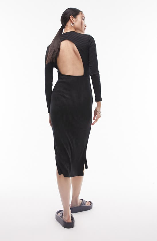 Shop Topshop Open Back Long Sleeve Ribbed Midi Dress In Black