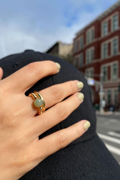 Shop Seree Arya Jade And Beaded Gold Stretch Ring In Light Green