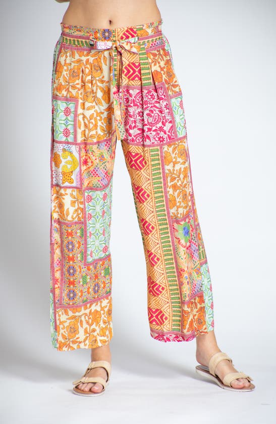 Shop Apny Print Tie Waist Crop Wide Leg Pants In Yellow Multi