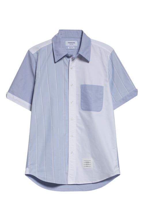 Shop Thom Browne Straight Fit Colorblock Short Sleeve Cotton Button-down Shirt In Navy