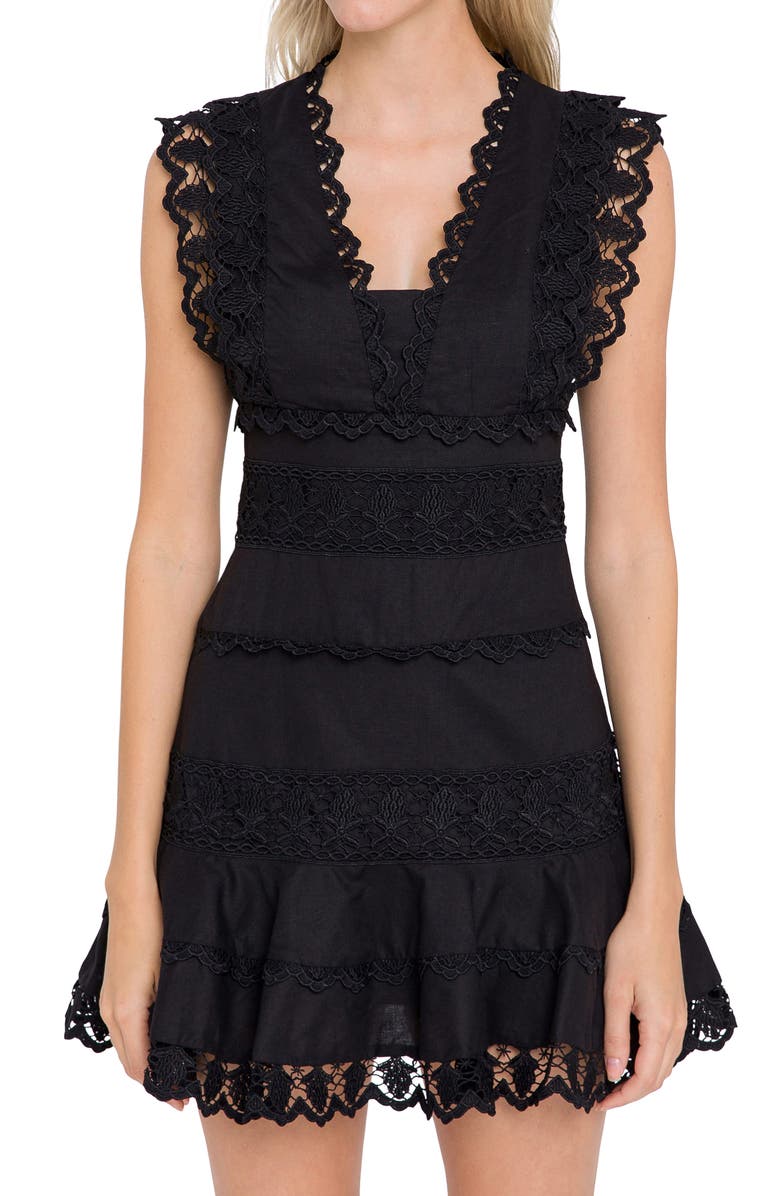 Endless Rose Plunge Neck Tiered Lace Linen & Cotton Dress, Alternate, color, Black