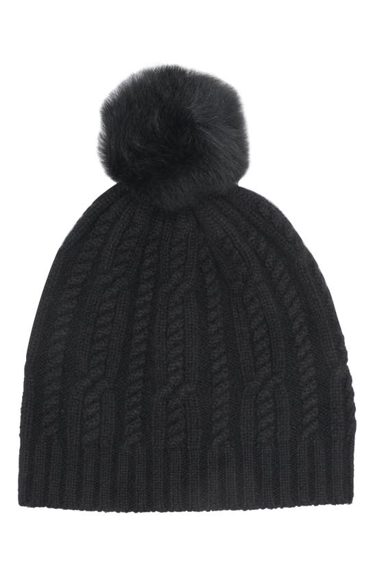 Sofia Cashmere Cashmere Cable Knit Genuine Shearling Pompom Beanie In 001blk