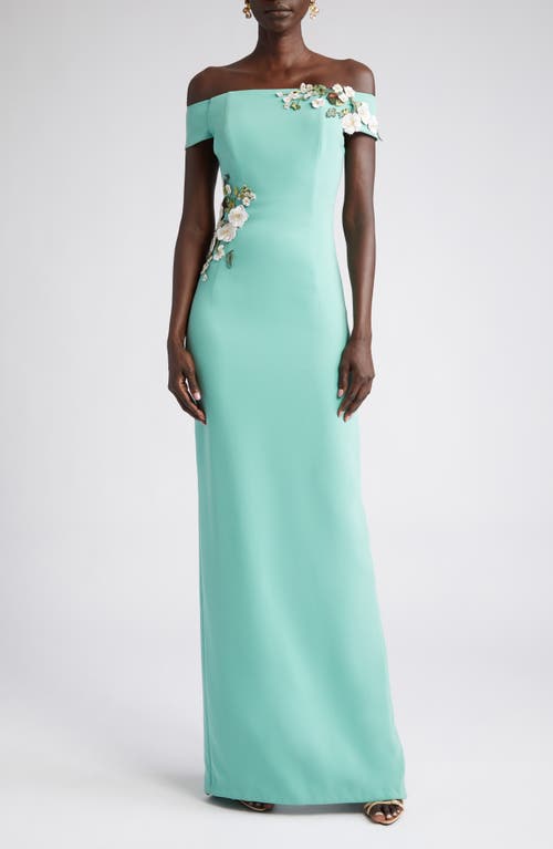 Oscar de la Renta Geranium Appliqué Off the Shoulder Stretch Silk Sheath Gown in Sage