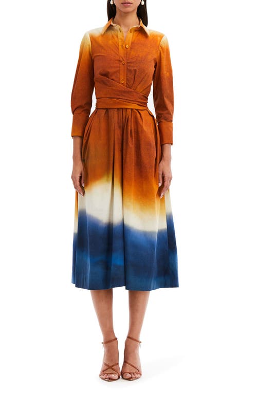 Oscar De La Renta Abstract Ombré Stretch Cotton Poplin Shirtdress In Canyon/navy