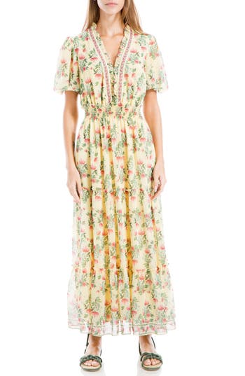 Max Studio Georgette Smocked Maxi Dress In Yellow/pink Floral