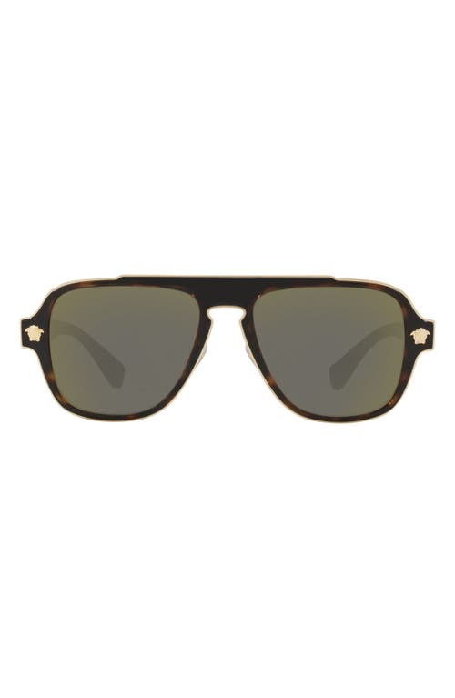 Versace 56mm Mirrored Aviator Sunglasses In Dark Havana/grey Gold Mirror