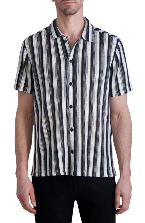 Karl Lagerfeld Paris Stripe Knit Short Sleeve Button-Up Shirt Black/White at Nordstrom,