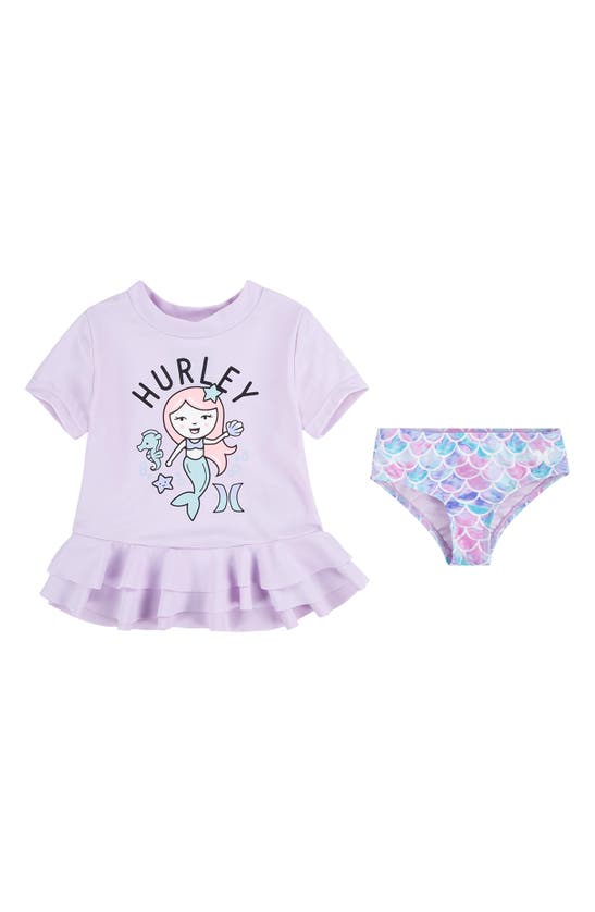 Hurley Kids' Peplum Rashguard & Swim Bottoms Set In Light Lavender