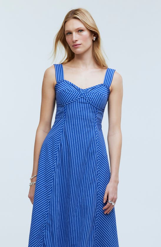 Shop Madewell Stripe Sweetheart Neck Sleeveless Midi Dress In Pure Blue