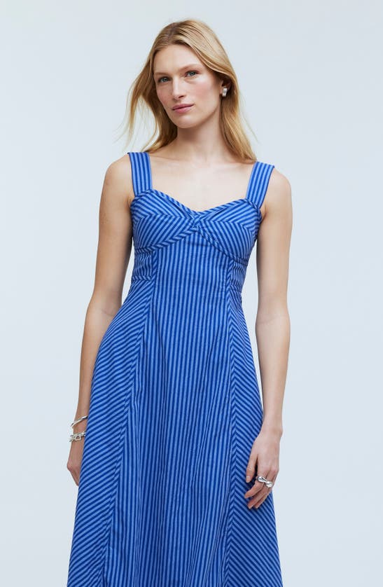 Madewell Stripe Sweetheart Neck Sleeveless Midi Dress In Pure Blue