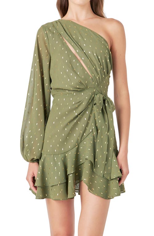 Shop Endless Rose One-shoulder Chiffon Minidress In Olive