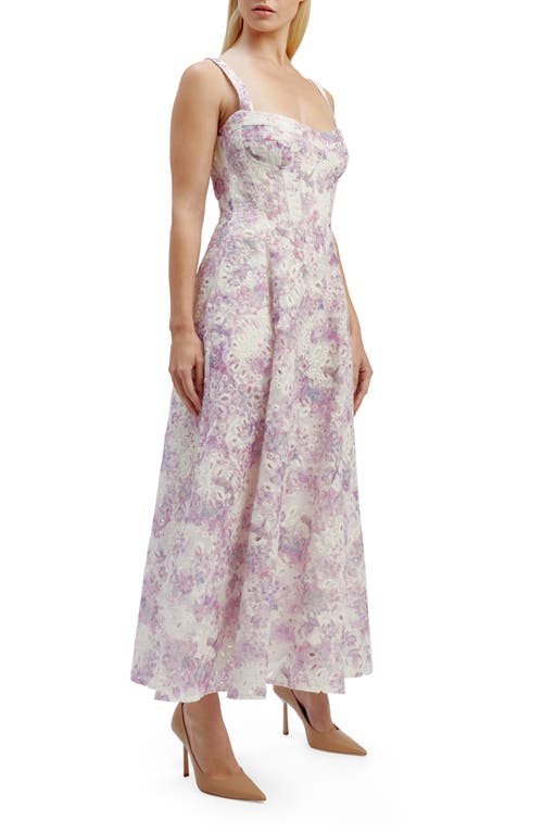 Adaline Eyelet Floral Corset Midi Dress in Lilac Flor