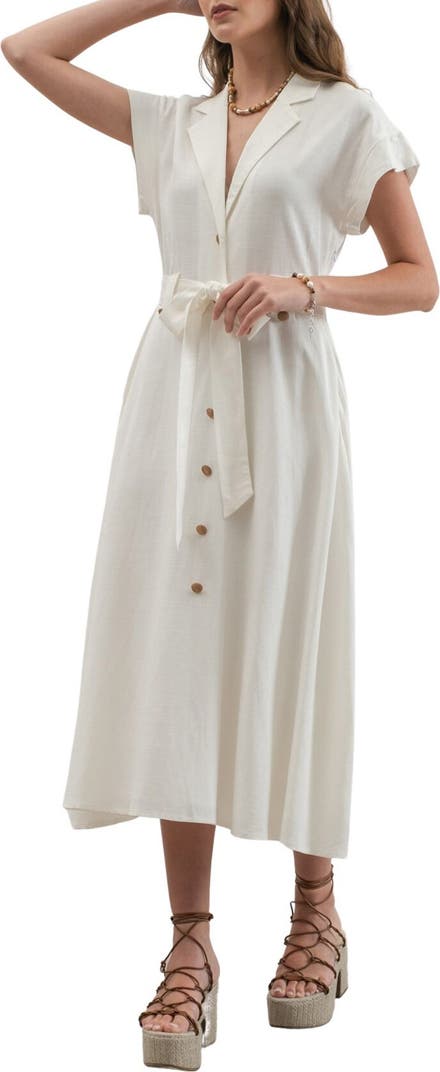 Button Front Linen Blend Midi Dress