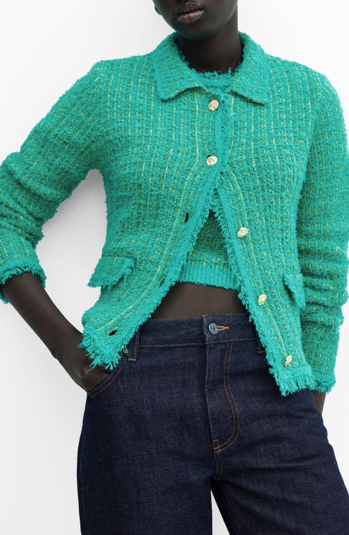 Mango Cocodril Fray Edge Collared Cardigan In Green