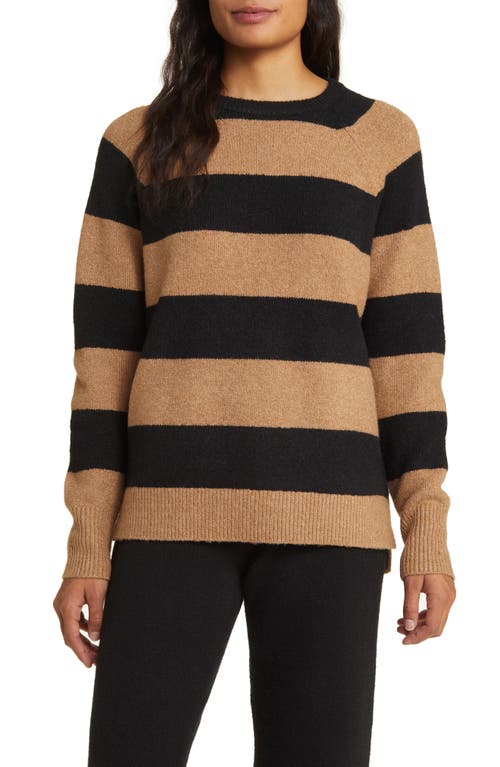 caslon(r) Cozy Crewneck Sweater in Black- Tan Camel Buoy Stripe