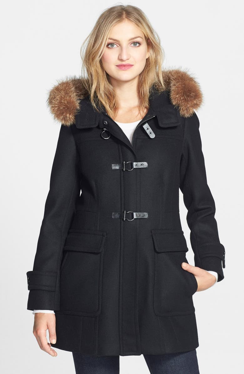 Trina Turk Genuine Coyote Fur Trim Wool Blend Duffle Coat | Nordstrom