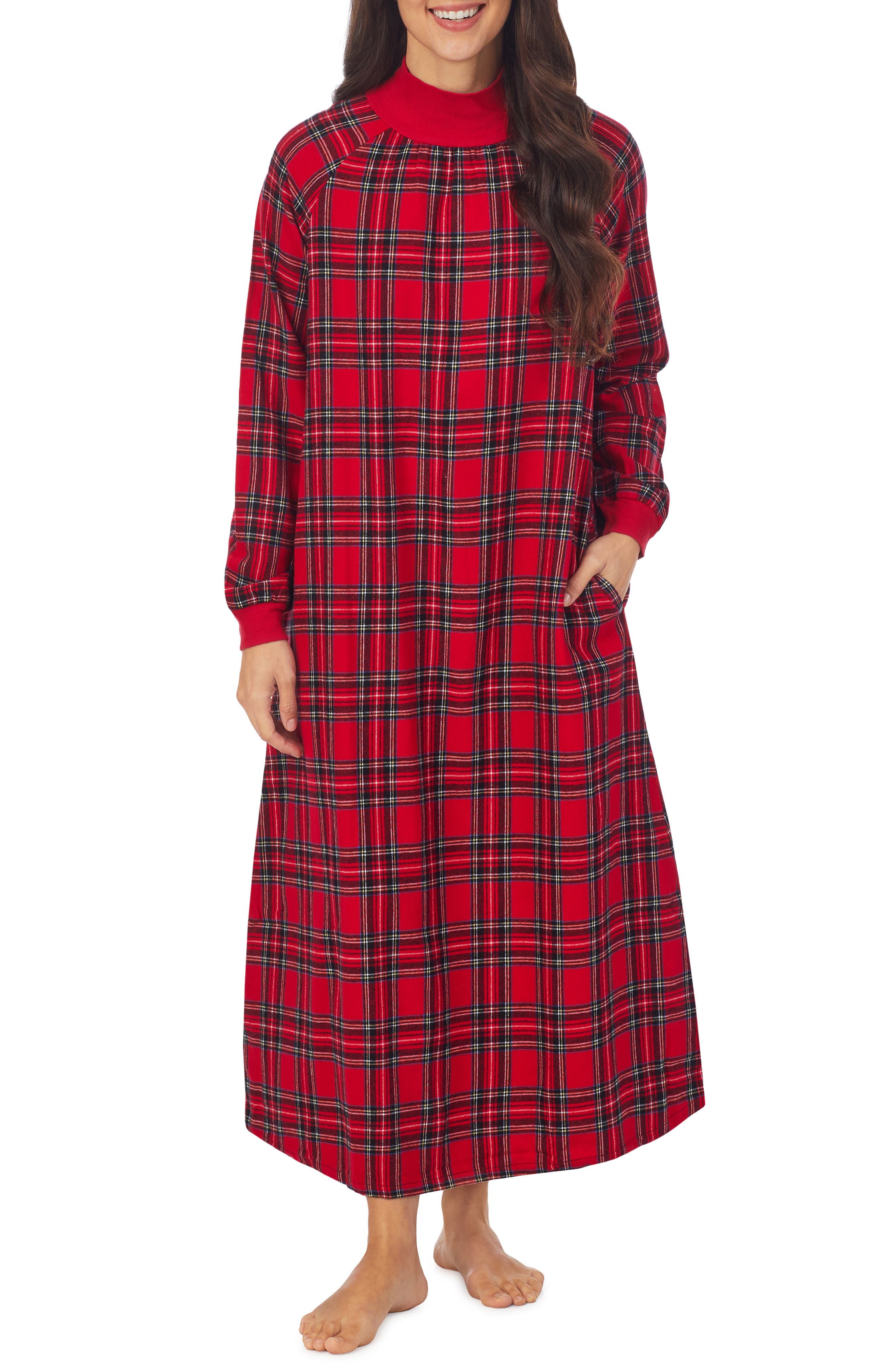Lanz of Salzburg Mock Neck Long Sleeve Flannel Nightgown in Red Plaid