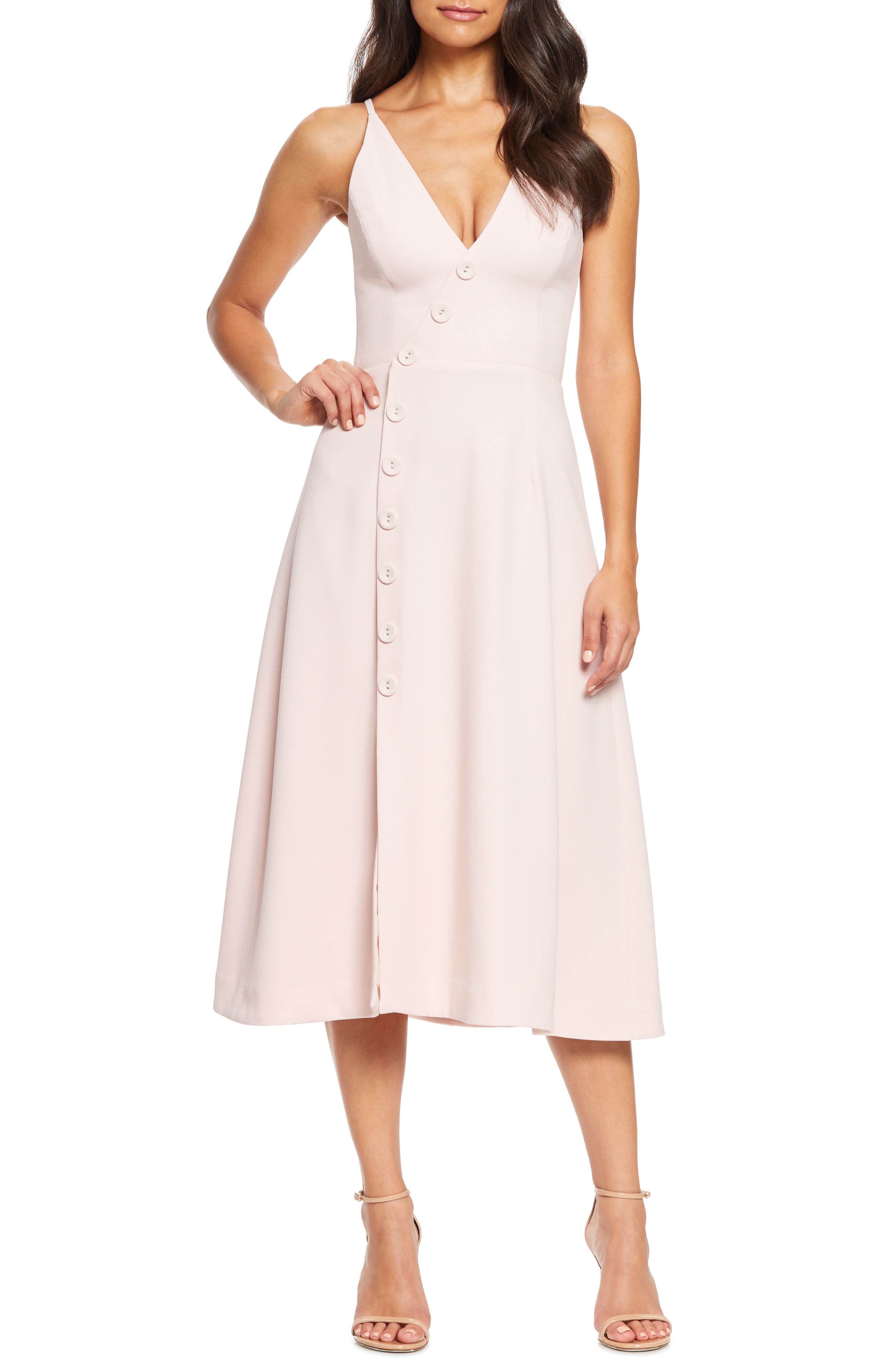 Dress The Population Emily Asymmetrical Front Button Cocktail Dress, Pink