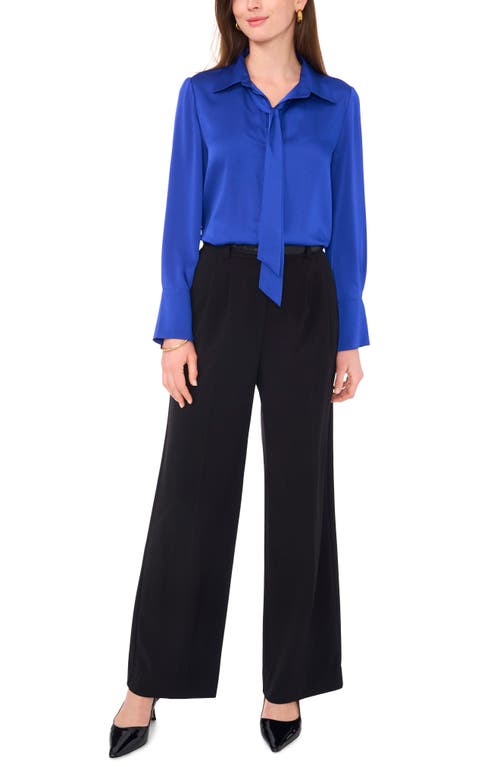 Shop Vince Camuto Tie Neck Satin Button-up Shirt In Sapphire Blue