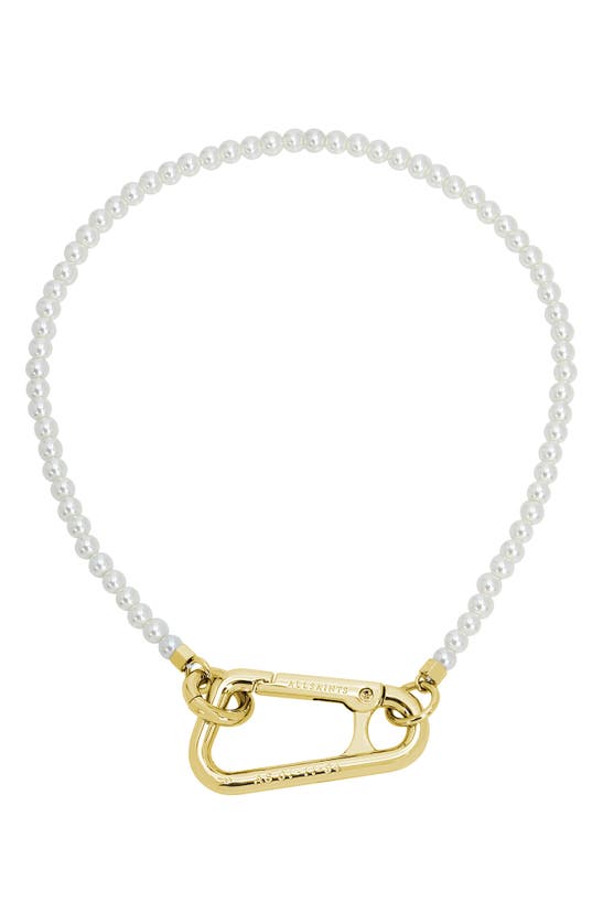Shop Allsaints Imitation Pearl Carabiner Collar Necklace In Gold
