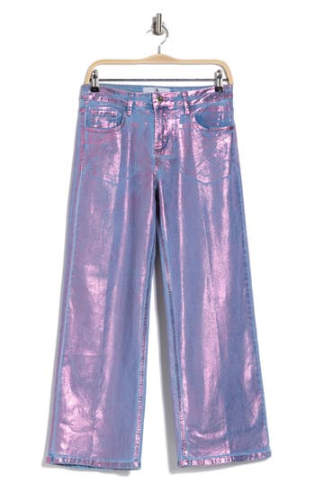 Flying Angel Metallic Coated Crop Wide Leg Jeans In Pink Metallic