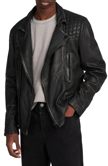 Click to view more detailed imagery on our partner's website Allsaints Cargo Biker Slim Fit Leather Jacket In Black Grey