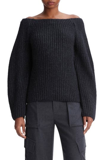 Vince Marled Wool Off-shoulder Sweater In Heather Charcoal