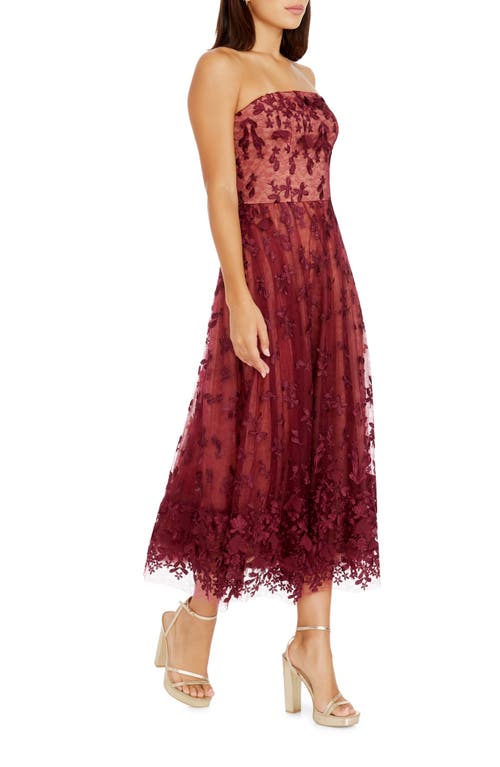 Shop Dress The Population Kailyn Floral Appliqué Strapless Midi Dress In Burgundy-beige