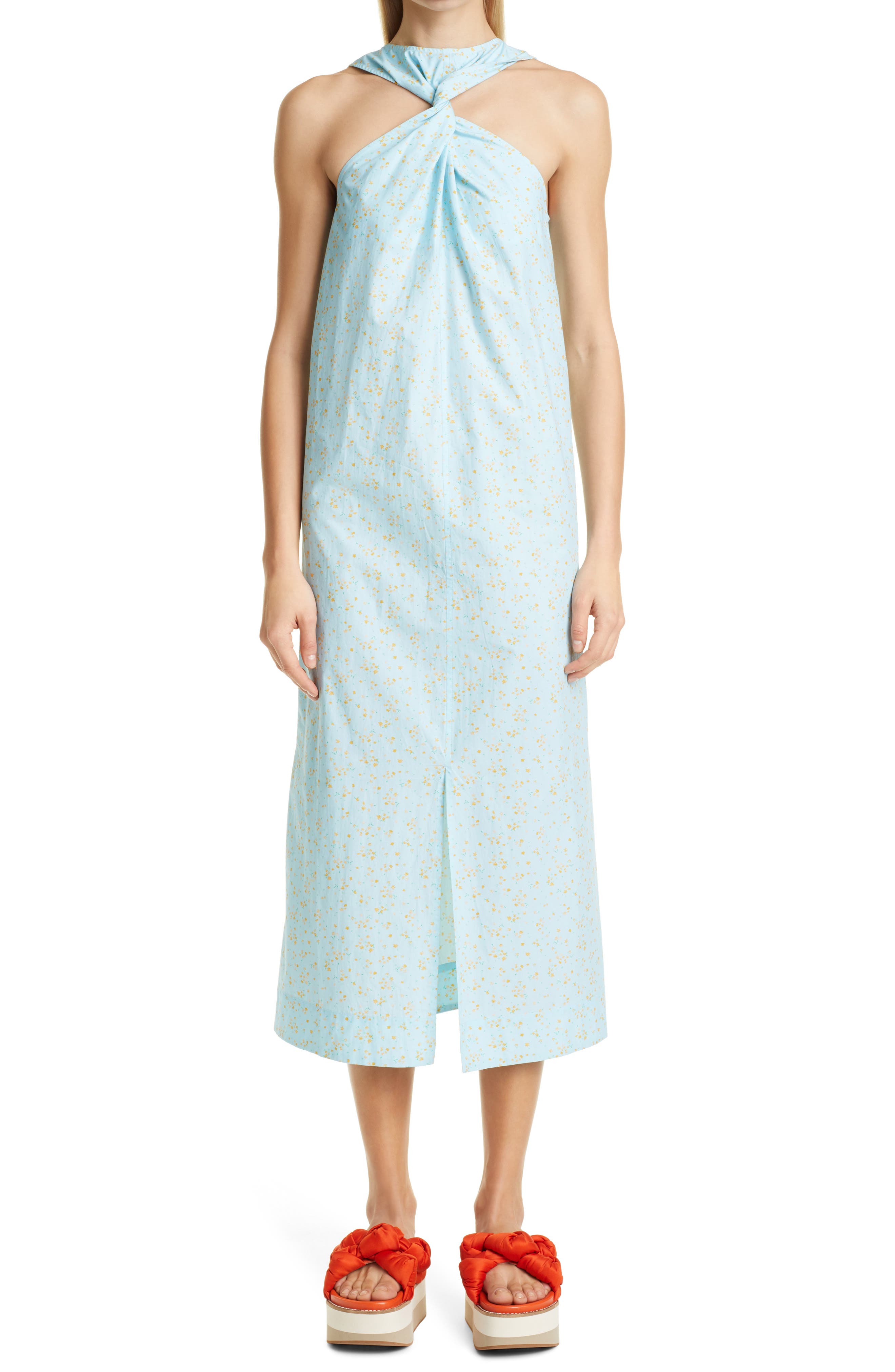 Ganni Floral Ditsy Twist Yoke Organic Cotton Midi Dress in Corydalis Blue at Nordstrom, Size 6 Us