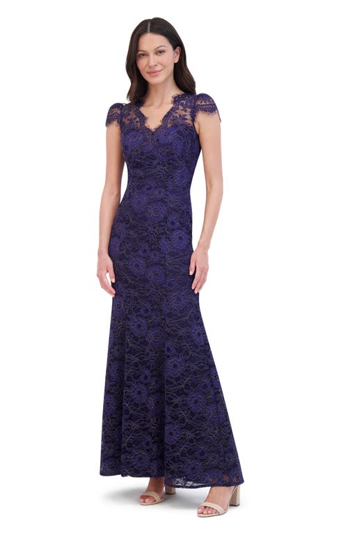 Shop Eliza J Eyelash Lace Cap Sleeve Trumpet Gown In Navy Gold