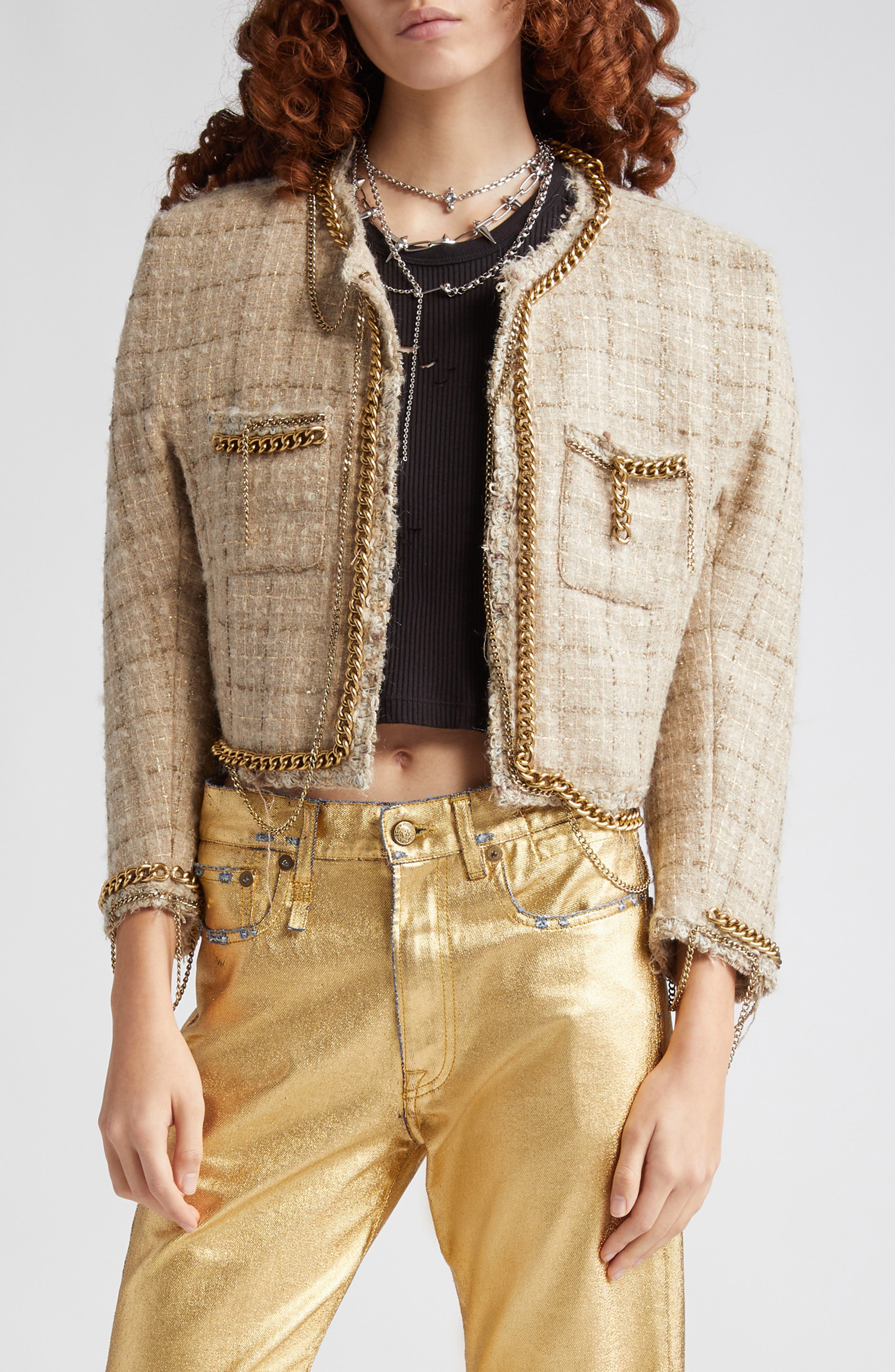 R13 Chain Embellished Crop Wool & Mohair Blend Tweed Jacket