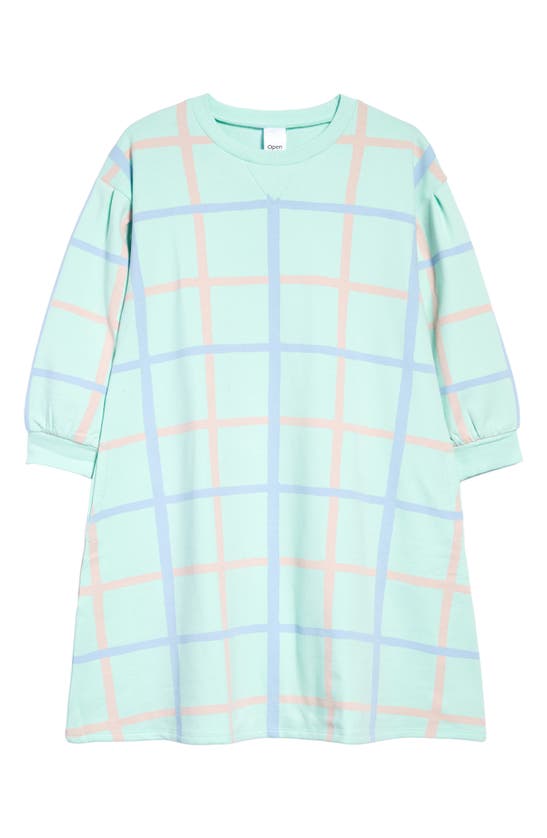 Open Edit Kids' Long Sleeve Sweatshirt Dress In Green Yucca Uneven Plaid