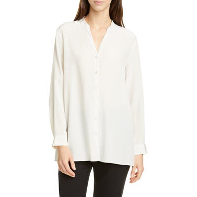 Eileen Fisher Band Collar Silk Blouse, Beige