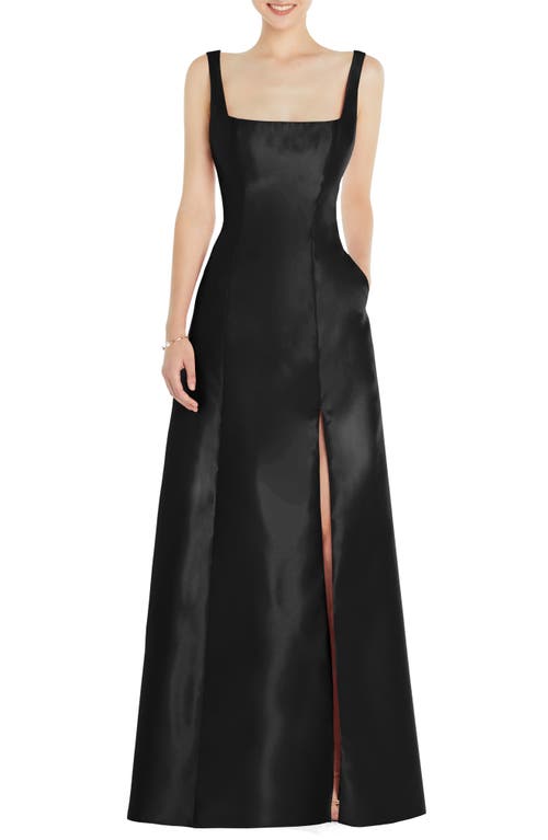 Square Neck Satin A-Line Gown in Black
