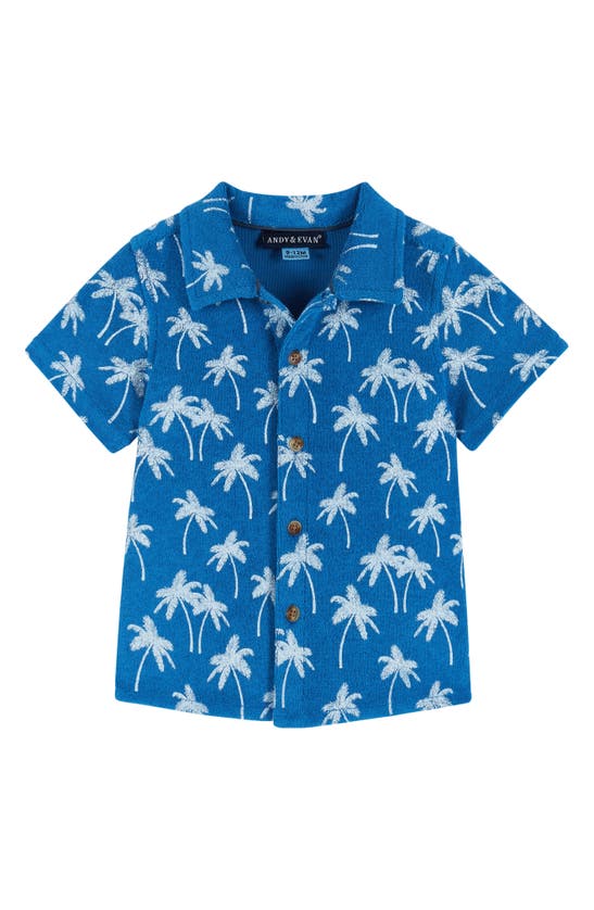 Shop Andy & Evan French Terry Button-up Shirt & Shorts Set In Blue Palm