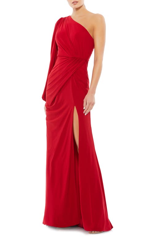 Mac Duggal One-Shoulder Long Sleeve Ruched Jersey Gown at Nordstrom,