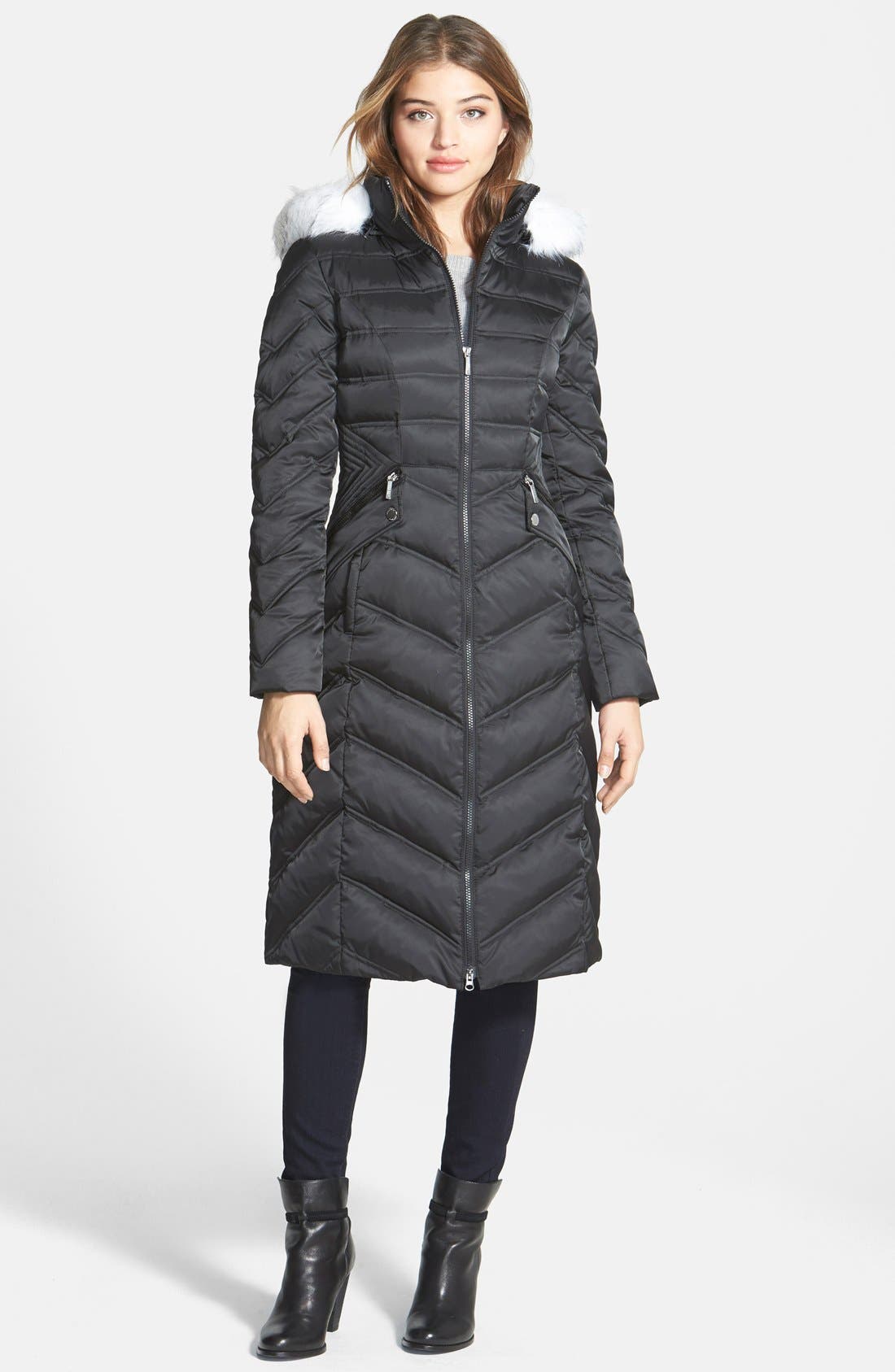 Laundry by Shelli Segal Long Quilted Coat with Removable Faux Fur Trim