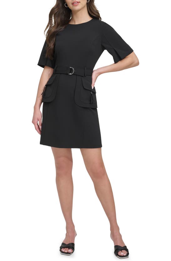 Dkny Short Sleeve Belted Utility Dress In Black