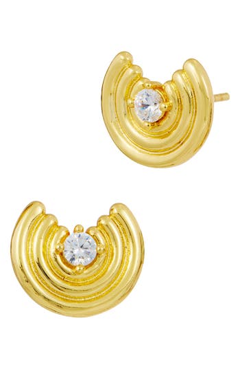 Shop Savvy Cie Jewels Cz Ribbed Disc Stud Earrings In Yellow