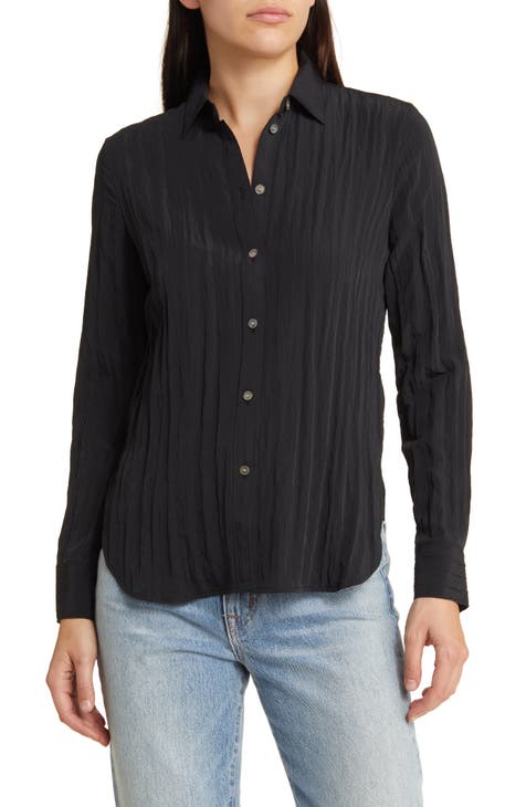 Wide Sleeve Crinkle Satin Button-Up Shirt