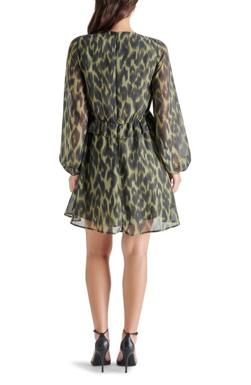 Shop Steve Madden Rami Leopard Print Long Sleeve Chiffon Minidress In Olive Night