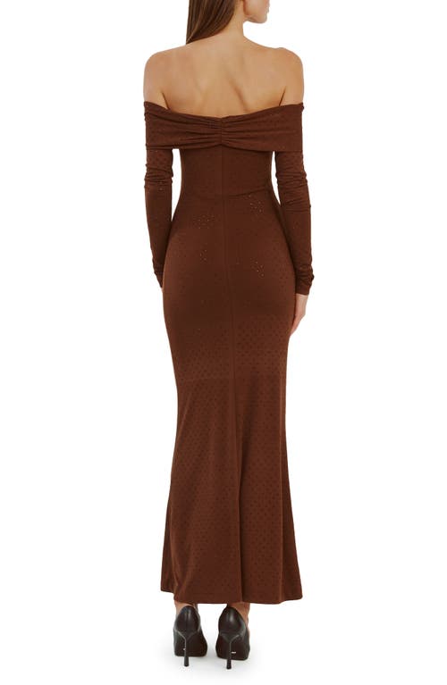 Shop Bardot Artura Diamante Off The Shoulder Long Sleeve Maxi Dress In Chocolate