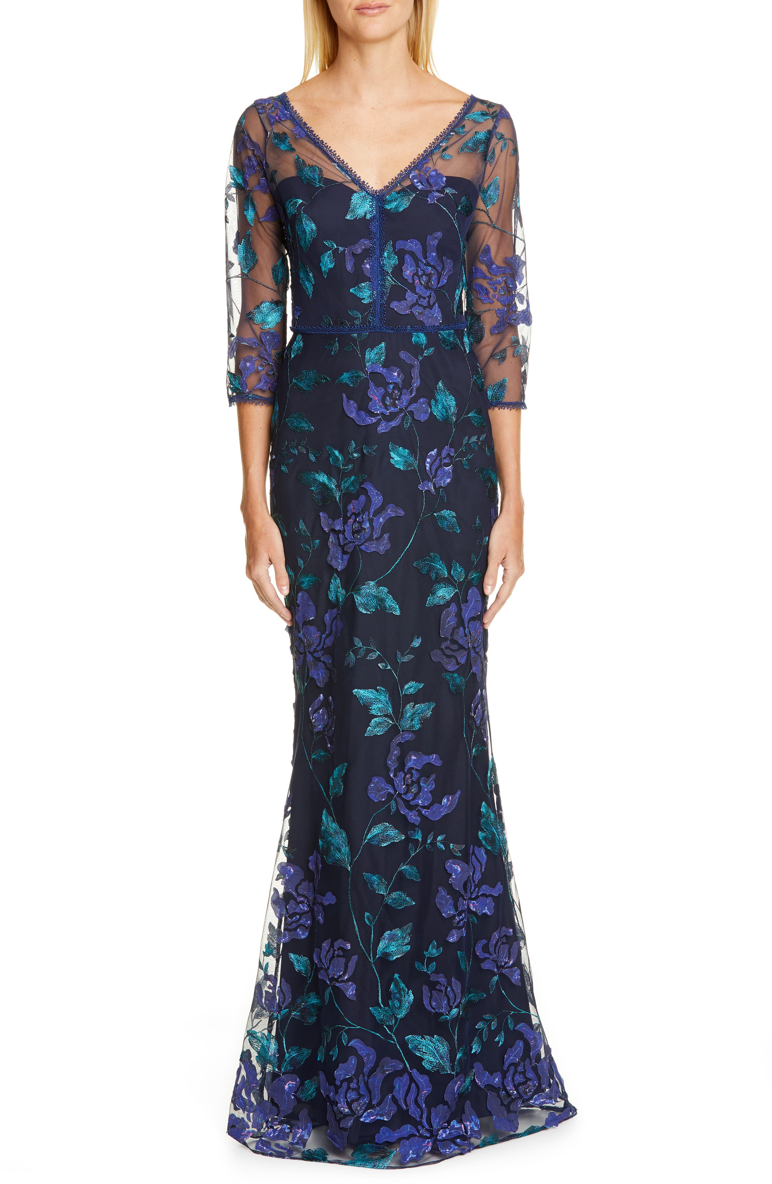 Marchesa Notte Floral Embroidered Trumpet Gown