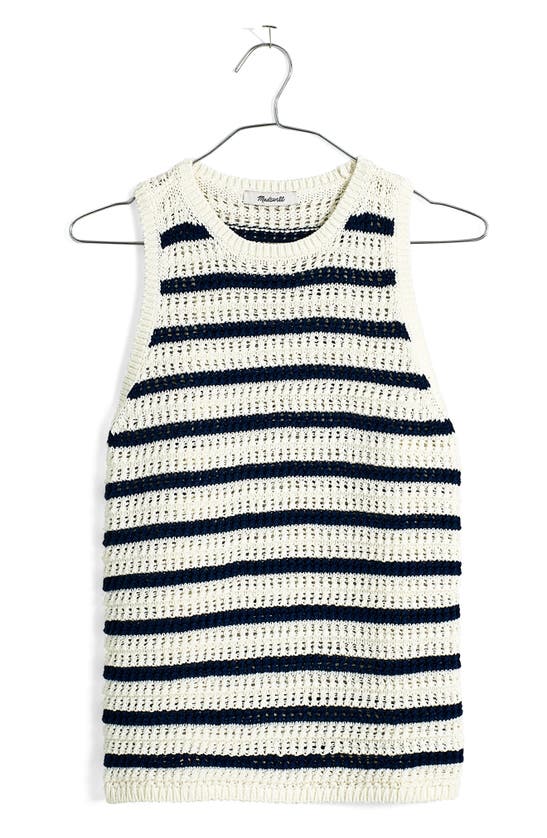 Shop Madewell Stripe Crochet Crewneck Sweater Tank In Bright Ivory
