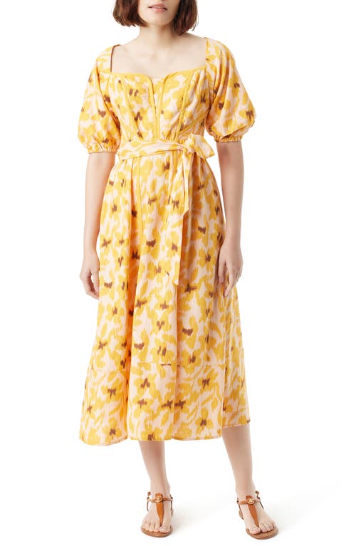 Sam Edelman Irin Print Tie Waist Linen Blend Midi Dress in Bellini-Sunshine Floral at Nordstrom, Size X-Large