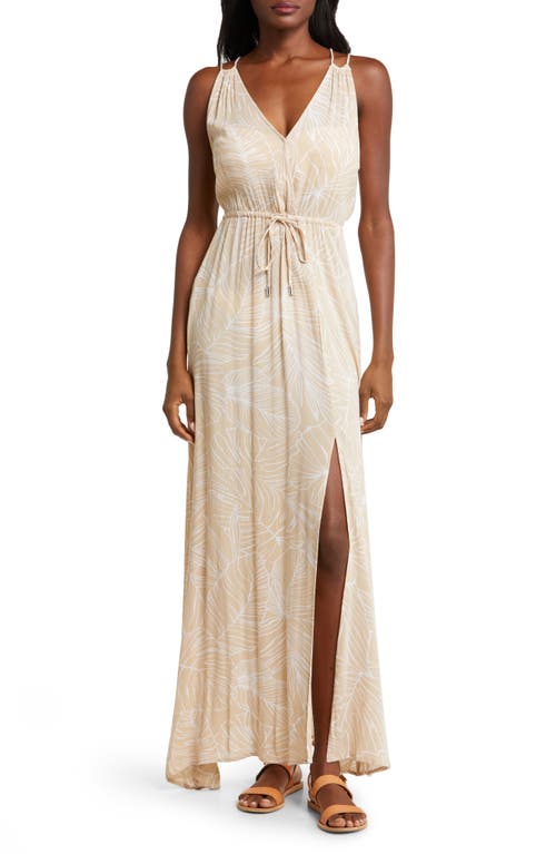 Elan Crinkle Gauze Cover-up Maxi Dress In Tan/white Tropics