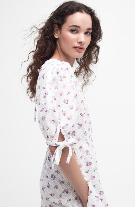 Shop Barbour Goodleigh Floral Puff Sleeve Cotton Midi Dress In White/pink Flowers