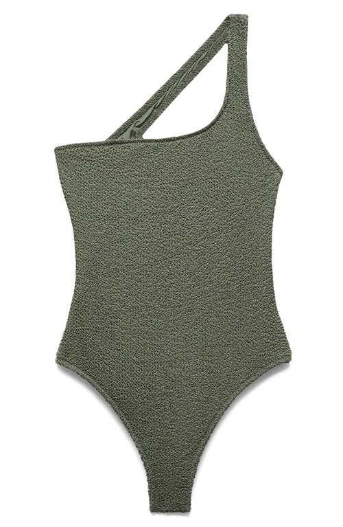 Textured One-Shoulder One-Piece Swimsuit in Olive Green