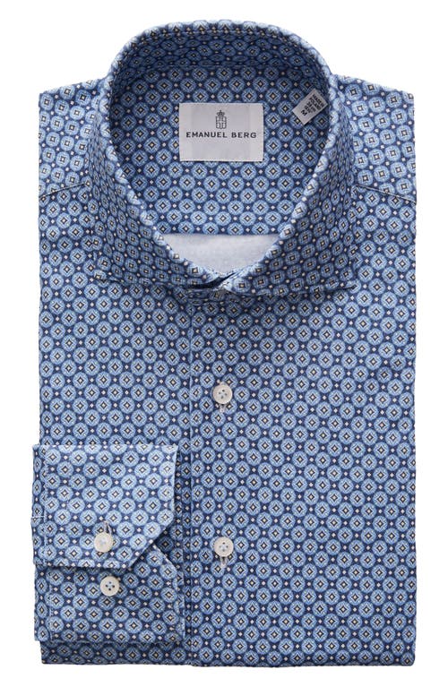 4Flex Modern Fit Medallion Print Knit Button-Up Shirt in Dark Blue
