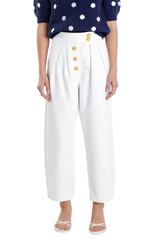 English Factory Premium Pleated Crop Wide Leg Denim Trousers In Ivory